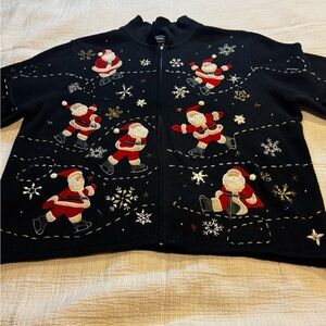 Vintage Designers Studio Sweater Womens 2X  Black Christmas Santa Full Zip